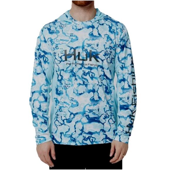 Huk Performance Fishing XL Hoodie Shirt Blue Camo Long Sleeve UPF Sun Protection - Picture 1 of 10